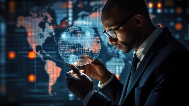 businessman holding a magnifying glass examining a virtual business graph chart symbolizing the exploration and scrutiny of financial data and trends