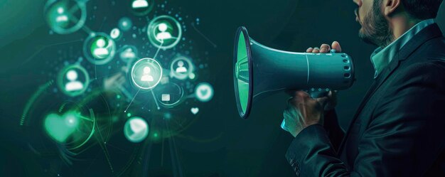 Businessman holding a megaphone with glowing social media icons and people symbols on a dark green background concept of marketing promotion advertising or community management work