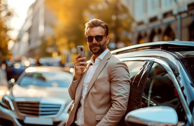 Бизнесмен с мобильным телефоном и стоит рядом с машиной на улице
