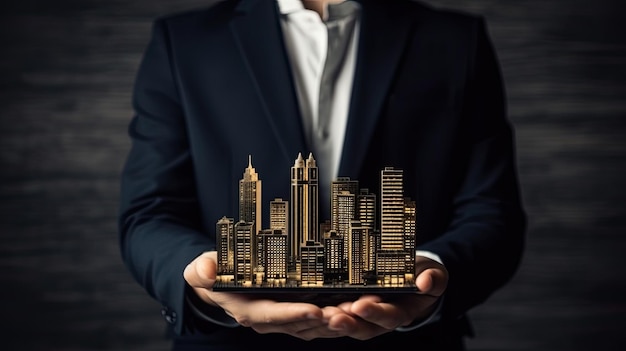 A businessman holding a modern city on the hand