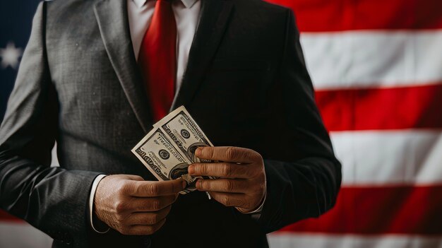Foto uomo d'affari con dei soldi davanti alla bandiera americana.