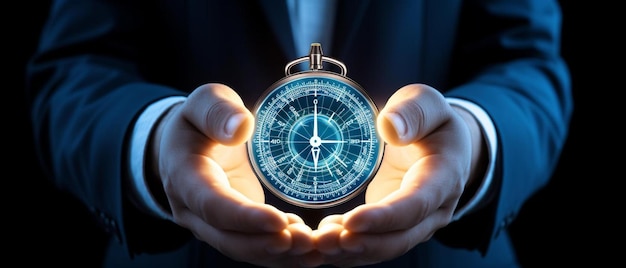Photo businessman holding a navigation compass in hand and define marketing