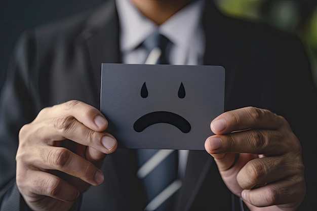 Photo businessman holding negative customer experiences card soft focus background