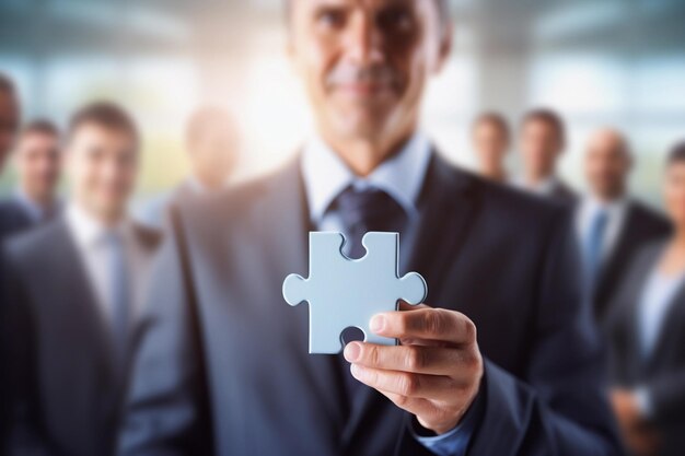 Foto un uomo d'affari che tiene un pezzo del puzzle in mano con la sua squadra concetto di business e lavoro di squadra