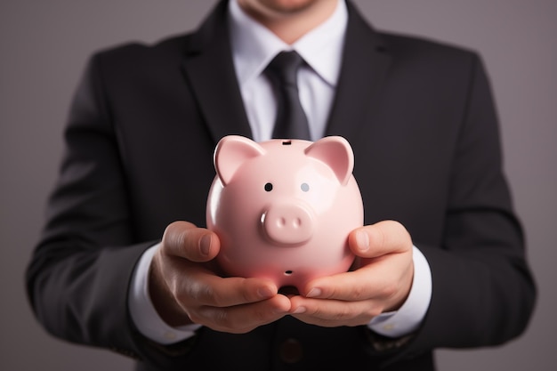 Businessman holding a piggy bank model by generative ai