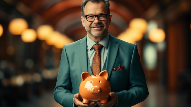 A businessman holding a piggy bank