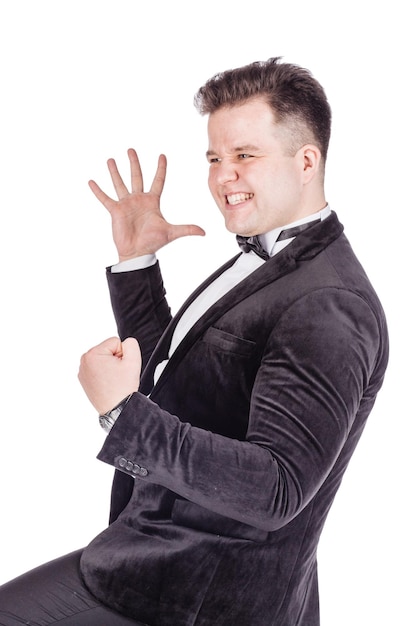 Businessman holding raised arms and hands up emotions facial expressions feelings body language signs image on a white studio background