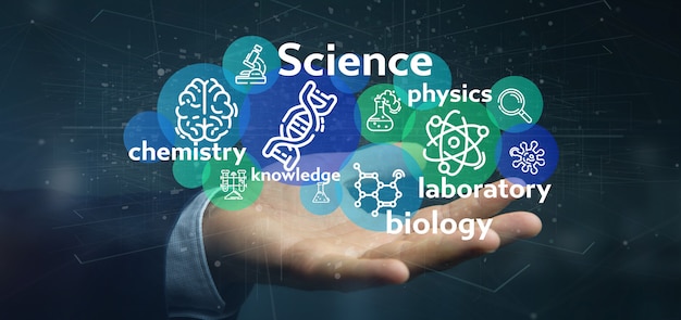 Businessman holding Science icons and title 