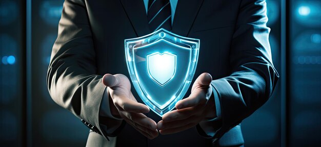 Businessman holding shield business security concept Generative AI