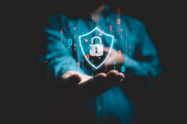 businessman holding smartphone with protection and masker key icon for input password to internet access and encryption for cybersecurity network and user security concept