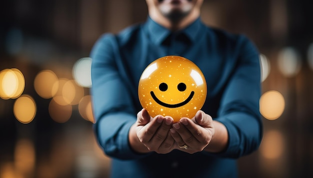 Businessman holding a smiley face in his hands Business concept