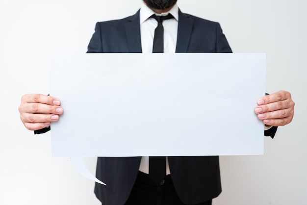 Businessman Holding Speech Bubble With Important Messages Man In Suit Presenting Crutial Informations On Dialogue Balloon Gentleman Showing Recent Updates On Paper