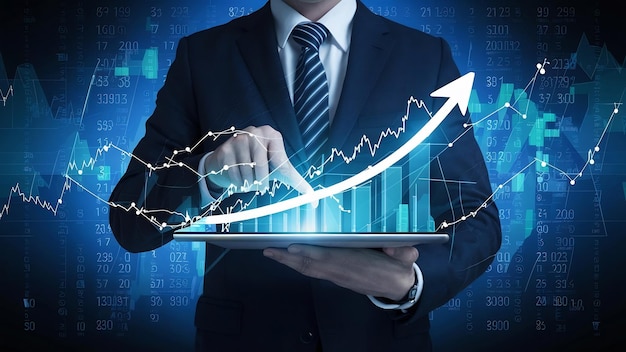Businessman holding stock tablet and market economy graph statistic showing growth of profit analyz