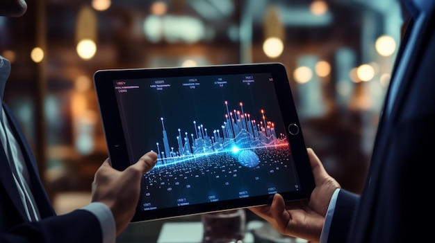 전자상거래 글로벌 시장에서 성장하는 그래프 차트와 통계를 보여주는 태블릿을 들고 있는 사업가