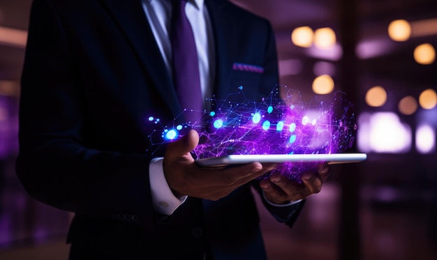 Photo businessman holding tablet with abstract glowing connection lines and dots on dark background