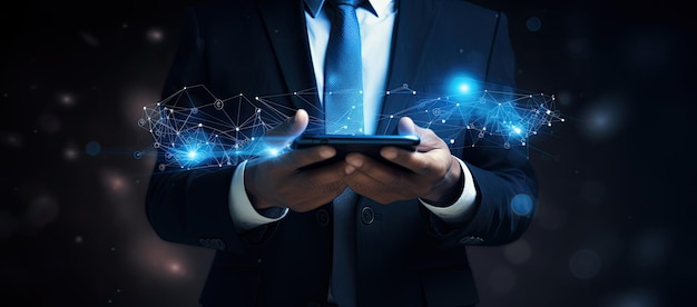Businessman holding tablet with digital connection concept on background