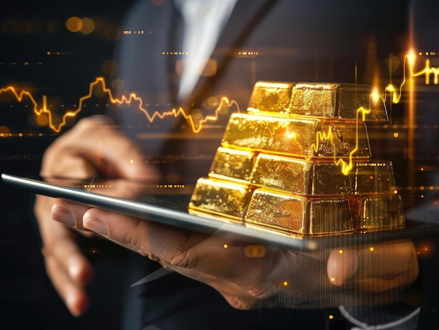 A businessman holding a tablet with a news headline about rising gold prices