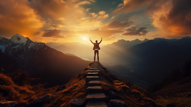 Photo businessman holding trophy on top of the mountain with sunset sky business success concept