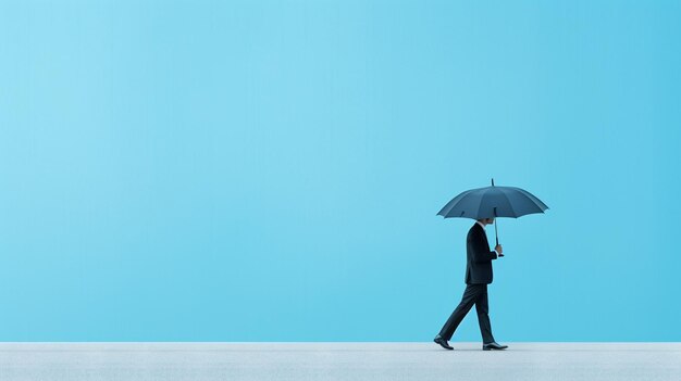 a businessman holding an umbrella against a calming blue backdrop symbolizing protection and security provided by insurance Generative AI