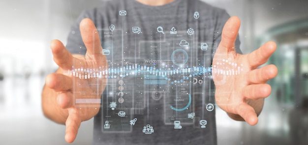 Foto schermi dell'interfaccia utente della tenuta dell'uomo d'affari con l'icona, le statistiche e la rappresentazione di dati 3d