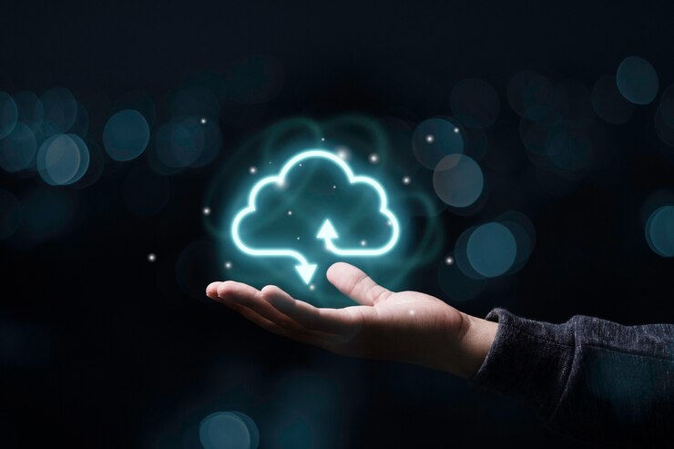 Photo businessman holding virtual cloud computing to transfer data information and upload download application. technology transformation concept.