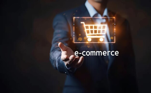 A businessman holding a virtual e commerce icon and text