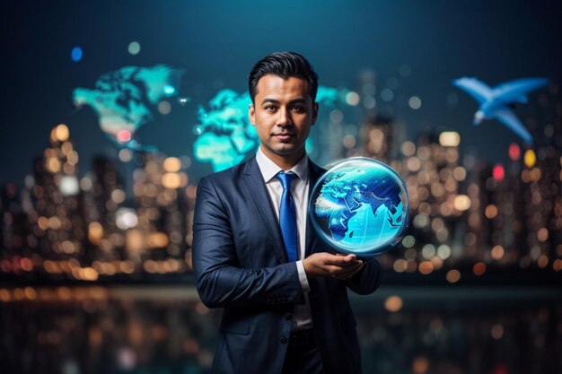 Businessman holding virtual light world map smart idea innovation concept