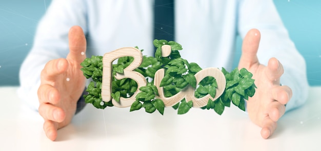 Businessman holding Wooden logo bio with leaves around 3d rendering