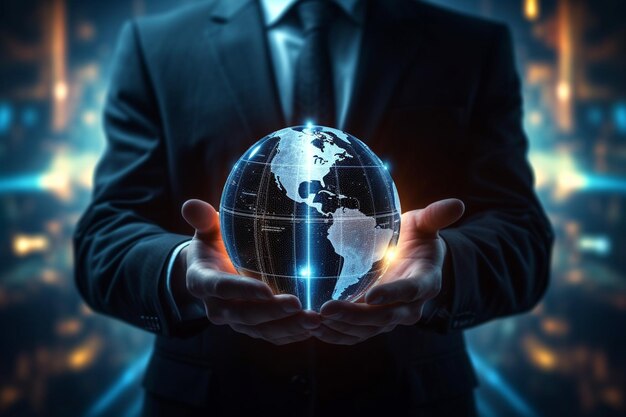 A businessman holding a world globe ai generative