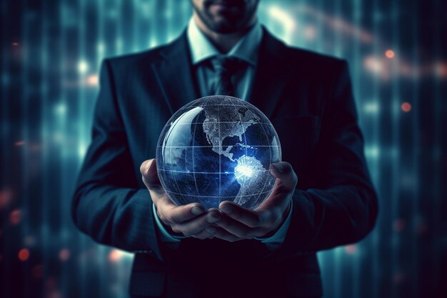 a businessman holding a World globe AI Generative