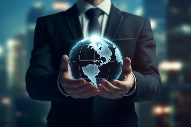 a businessman holding a World globe AI Generative