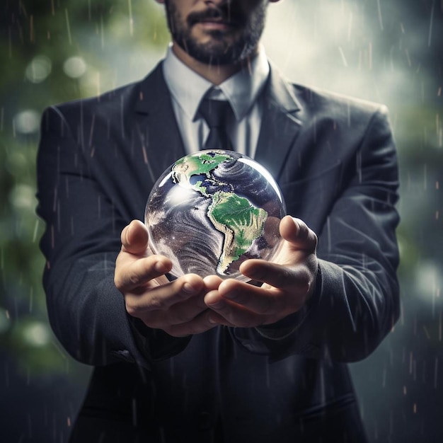 businessman holding the world in the palm of hands concept for global business communications