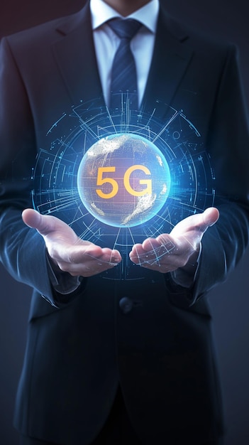 비즈니스맨은 첨단 무선 연결을 상징하는 5G 네트워크 아이콘을 들고 있습니다.