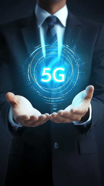 Businessman holds 5G network icon symbolizing advanced wireless connectivity Vertical Mobile Wallpa