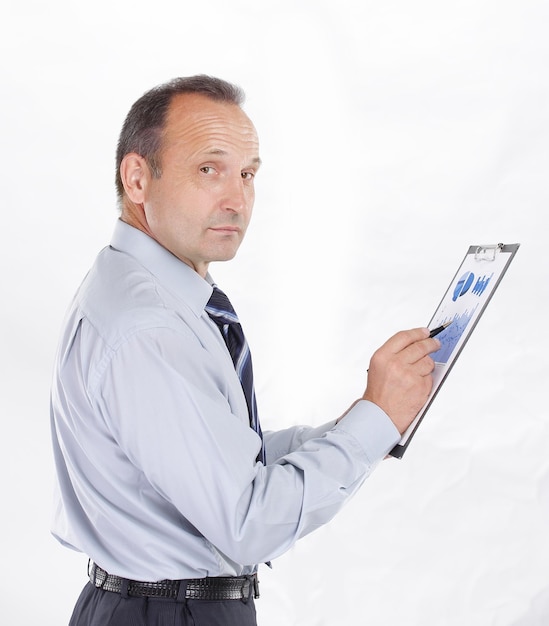 Businessman holds a financial report photo with copy space