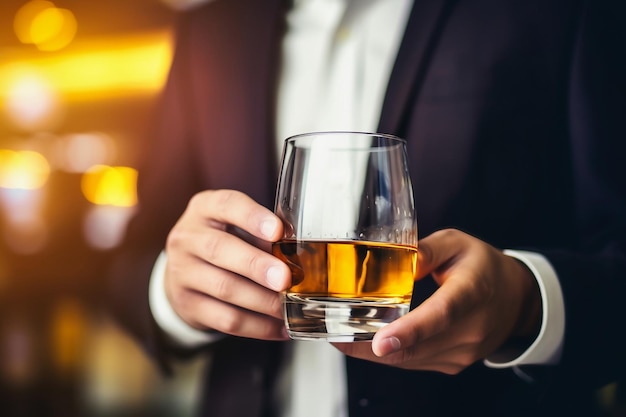 A businessman holds a glass of whiskey with ice in his hands Closeup Dark blurred background Business negotiations with a glass of alcohol