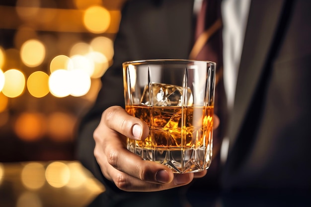 A businessman holds a glass of whiskey with ice in his hands Closeup Dark blurred background Business negotiations with a glass of alcohol