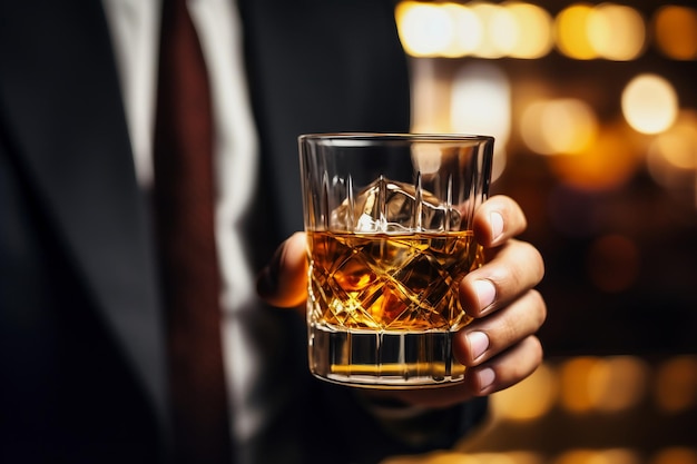 A businessman holds a glass of whiskey with ice in his hands Closeup Dark blurred background Business negotiations with a glass of alcohol