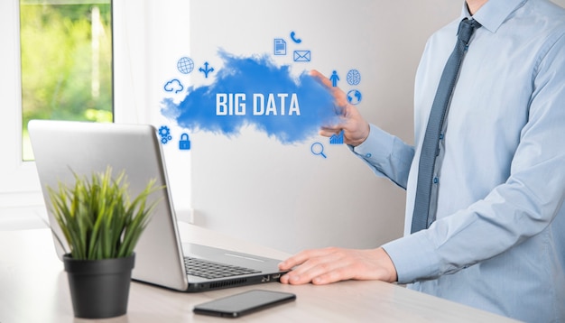 Photo businessman holds the inscription , word big data. padlock , brain ,man, planet,graph, magnifier, gears, cloud, grid, document, letter, phone icon.