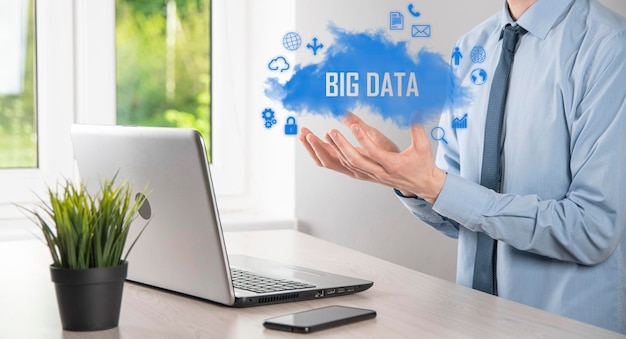 Businessman holds the inscription , word big data. padlock ,
brain ,man, planet,graph, magnifier, gears, cloud, grid, document,
letter, phone icon.