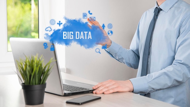 Photo businessman holds the inscription , word big data. padlock , brain ,man, planet,graph, magnifier, gears, cloud, grid, document, letter, phone icon.