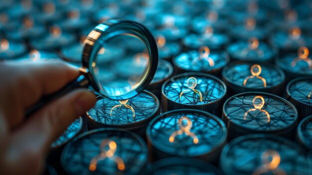 Photo a businessman holds a magnifier in his hands as he searches for human icons for the purpose of recruiting and development