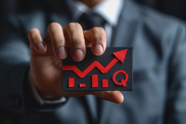 Businessman holds up an arrow icon and percentage with graph indicators for investment growth