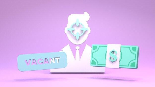 Businessman icon dollars and a vacant sign 3d render