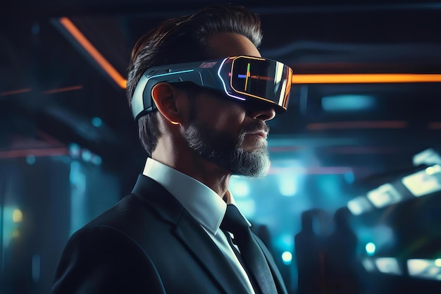 Businessman immersed in a virtual reality experience wearing a suit and a vr headset