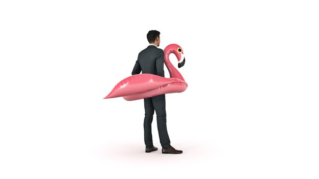 Businessman on inflatable pink flamingo Vacation concept 3d rendering