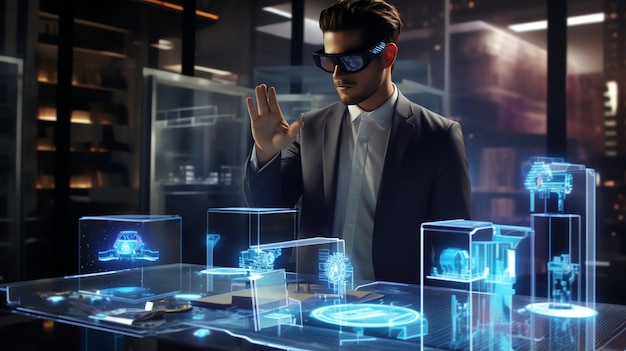 a businessman interacting with advanced augmented reality AR business interface