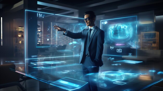 a businessman interacting with advanced augmented reality AR business interface