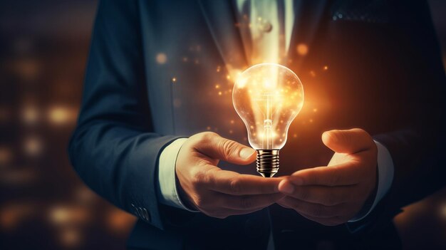 Businessman is holding light bulb Beautiful illustration picture Generative AI