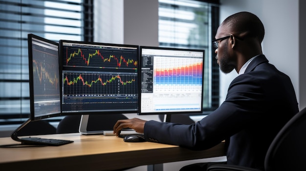 A businessman is a man sitting in front of several monitors and trading Created with Generative AI technology